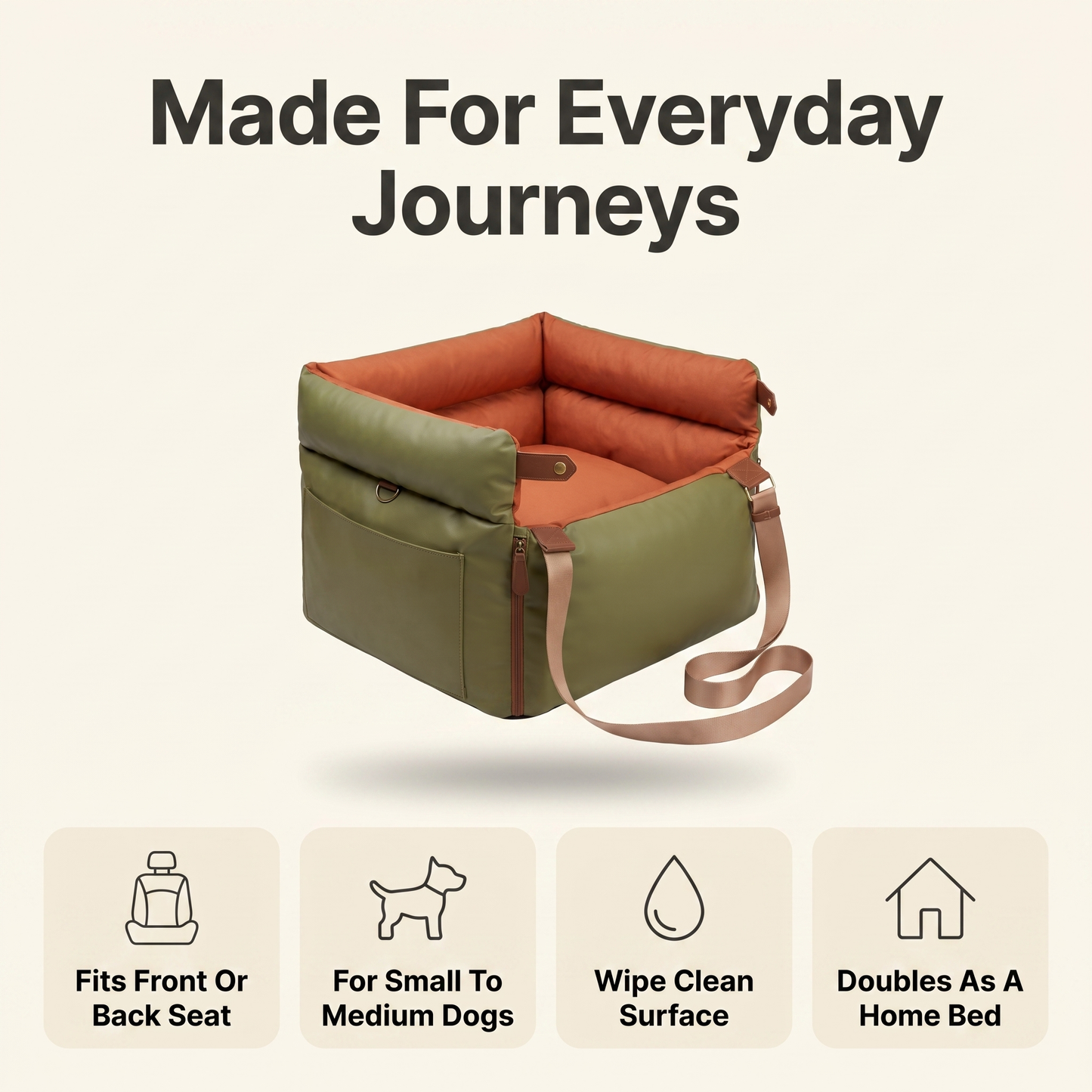 Dog car seat feature overview: fits front or back seat, for small to medium dogs, wipe clean surface, doubles as a home bed