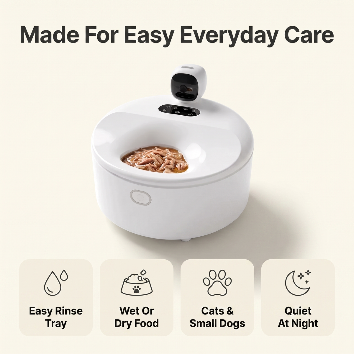 Automatic wet food feeder infographic: easy rinse tray, wet or dry food, cats and small dogs, quiet at night