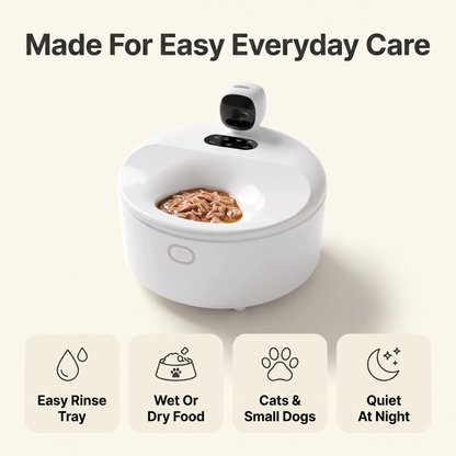 Automatic wet food feeder infographic: easy rinse tray, wet or dry food, cats and small dogs, quiet at night