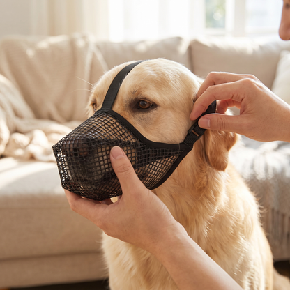 Owner fitting soft mesh muzzle on a dog and adjusting the head strap