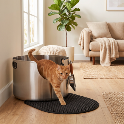 Ginger cat stepping out of the round stainless steel litter tray onto the honeycomb mat at home