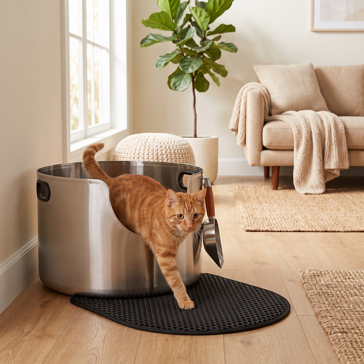 Ginger cat stepping out of the round stainless steel litter tray onto the honeycomb mat at home