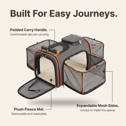 Annotated diagram of the expandable cat carrier showing mesh sides, plush fleece mat and padded carry handle