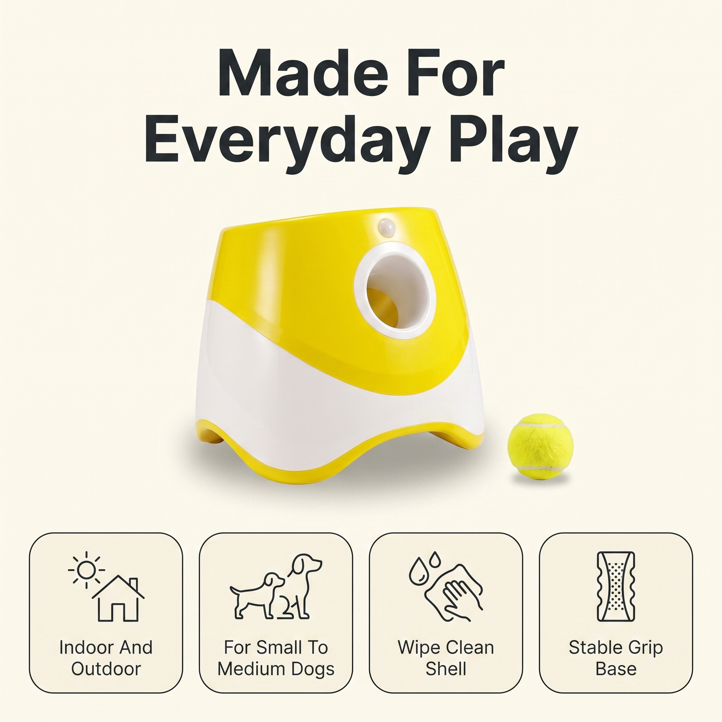 Dog ball launcher suitability overview: indoor and outdoor, for small to medium dogs, wipe clean shell, stable grip base