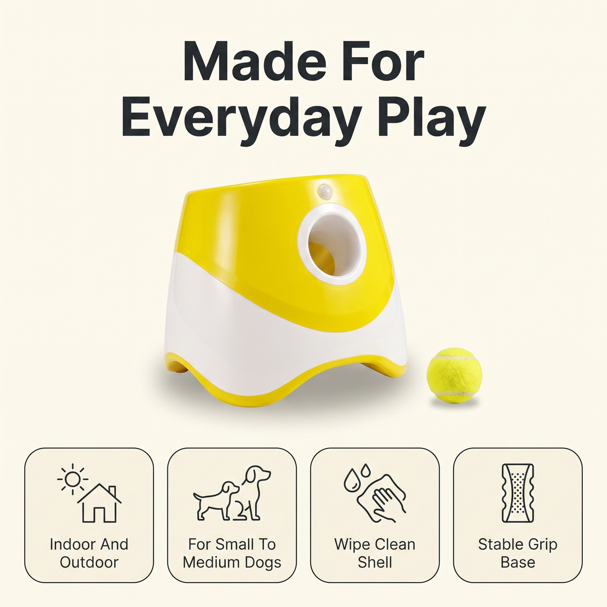 Dog ball launcher suitability overview: indoor and outdoor, for small to medium dogs, wipe clean shell, stable grip base