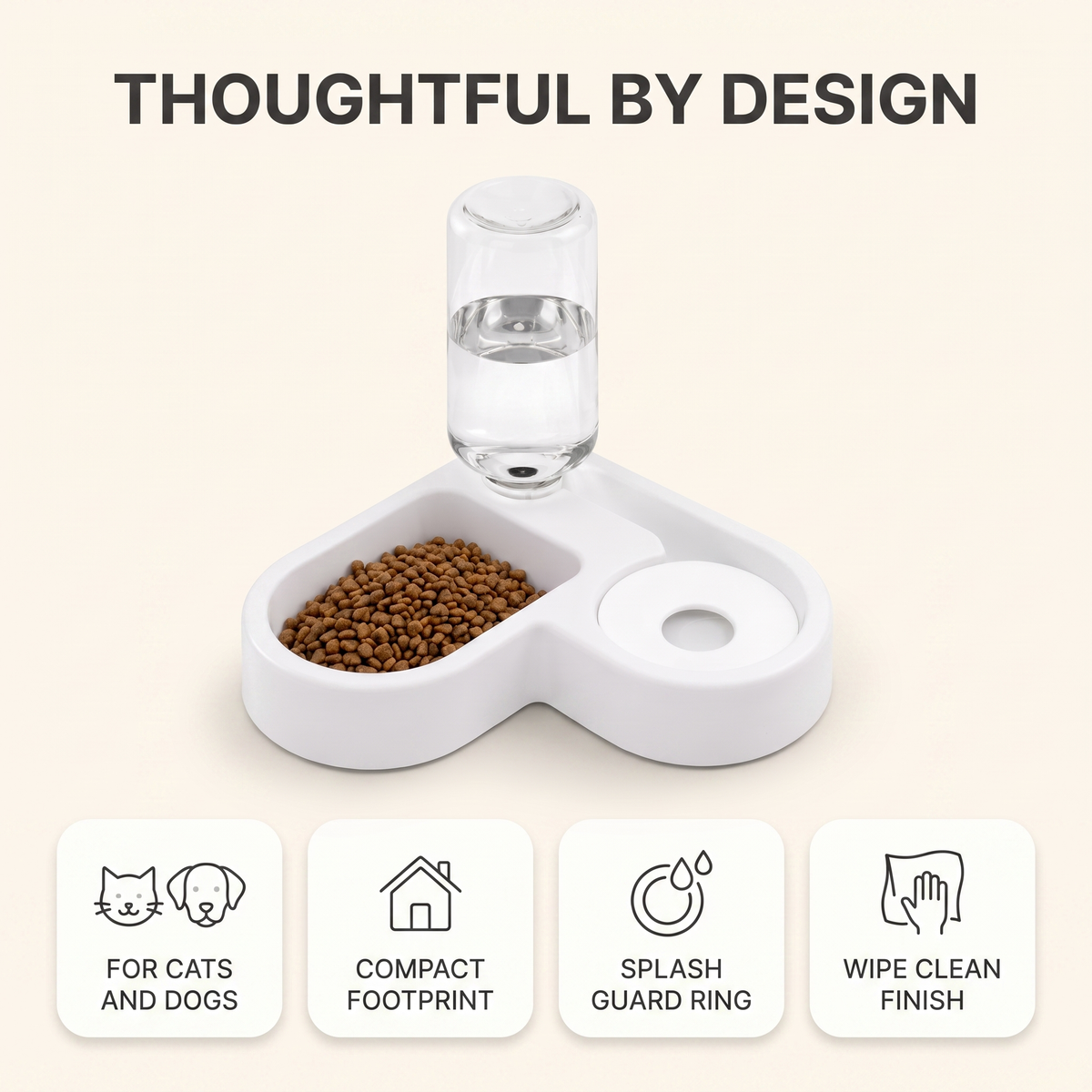 Compact pet feeding station for cats and dogs with splash guard ring and wipe clean finish