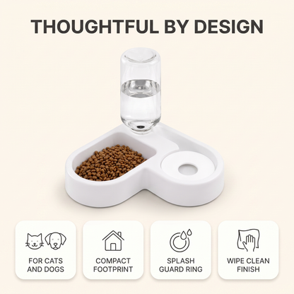 Compact pet feeding station for cats and dogs with splash guard ring and wipe clean finish