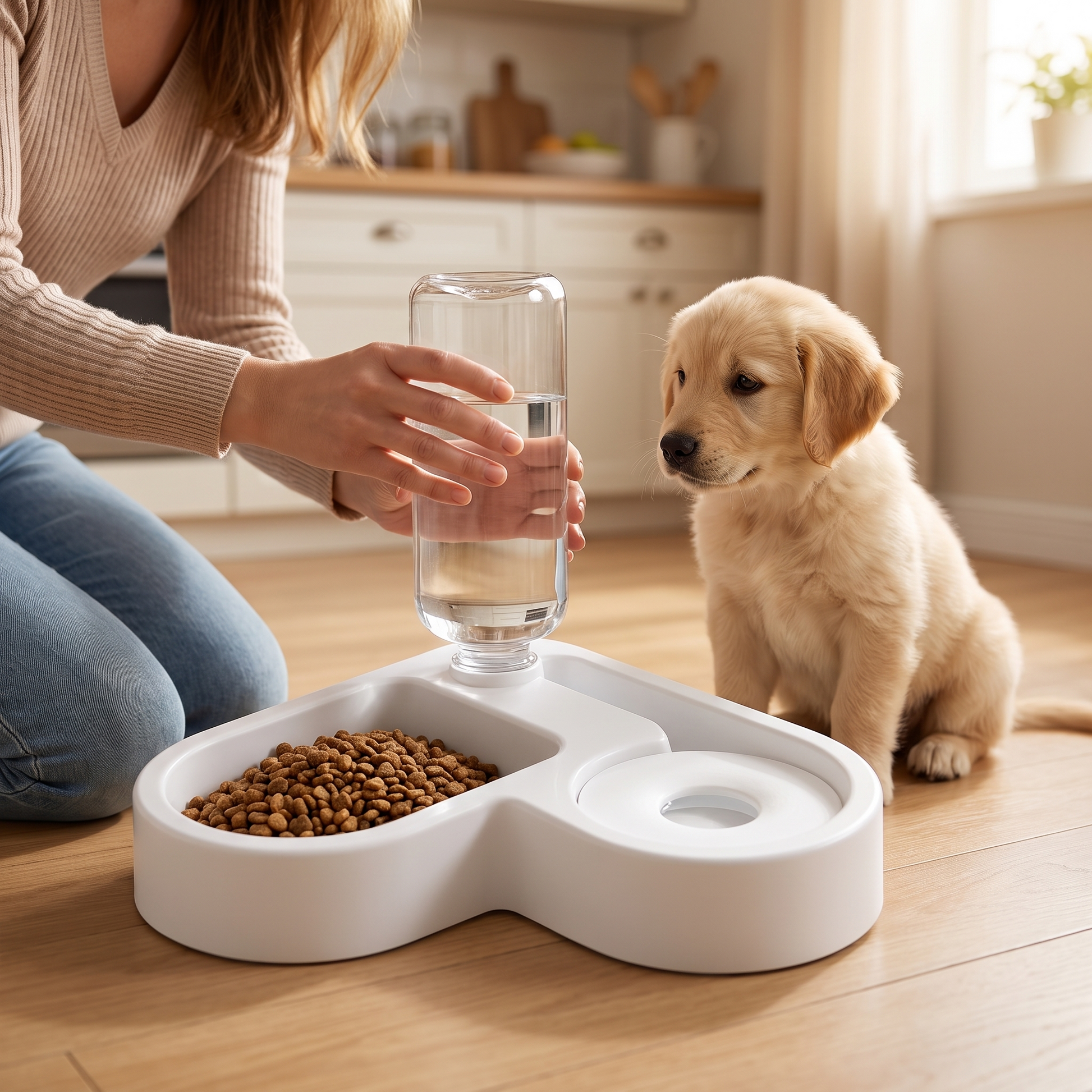 Owner refilling the gravity water bottle of the compact pet feeding station