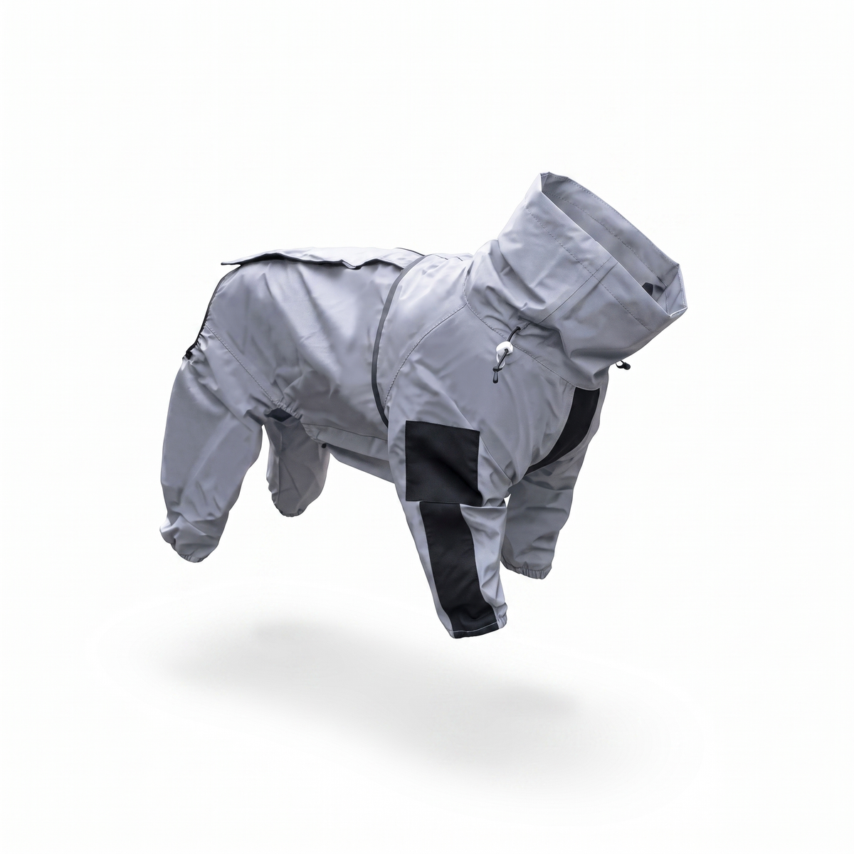Grey waterproof dog rain coat with leg sleeves and high collar, product view