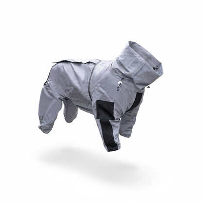 Grey waterproof dog rain coat with leg sleeves and high collar, product view