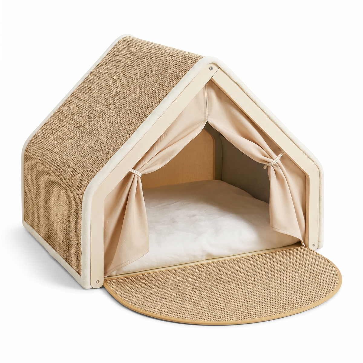 Cat tent bed with scratchable base and tie-back curtains on a white background
