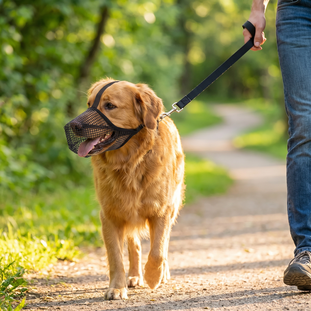 Dog panting comfortably through mesh muzzle on a countryside walk
