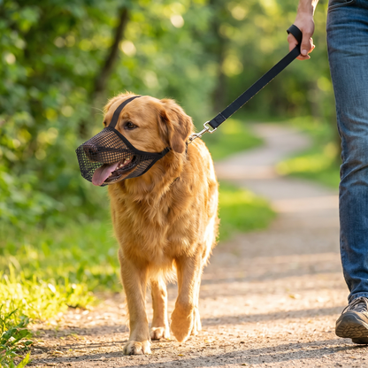 Dog panting comfortably through mesh muzzle on a countryside walk