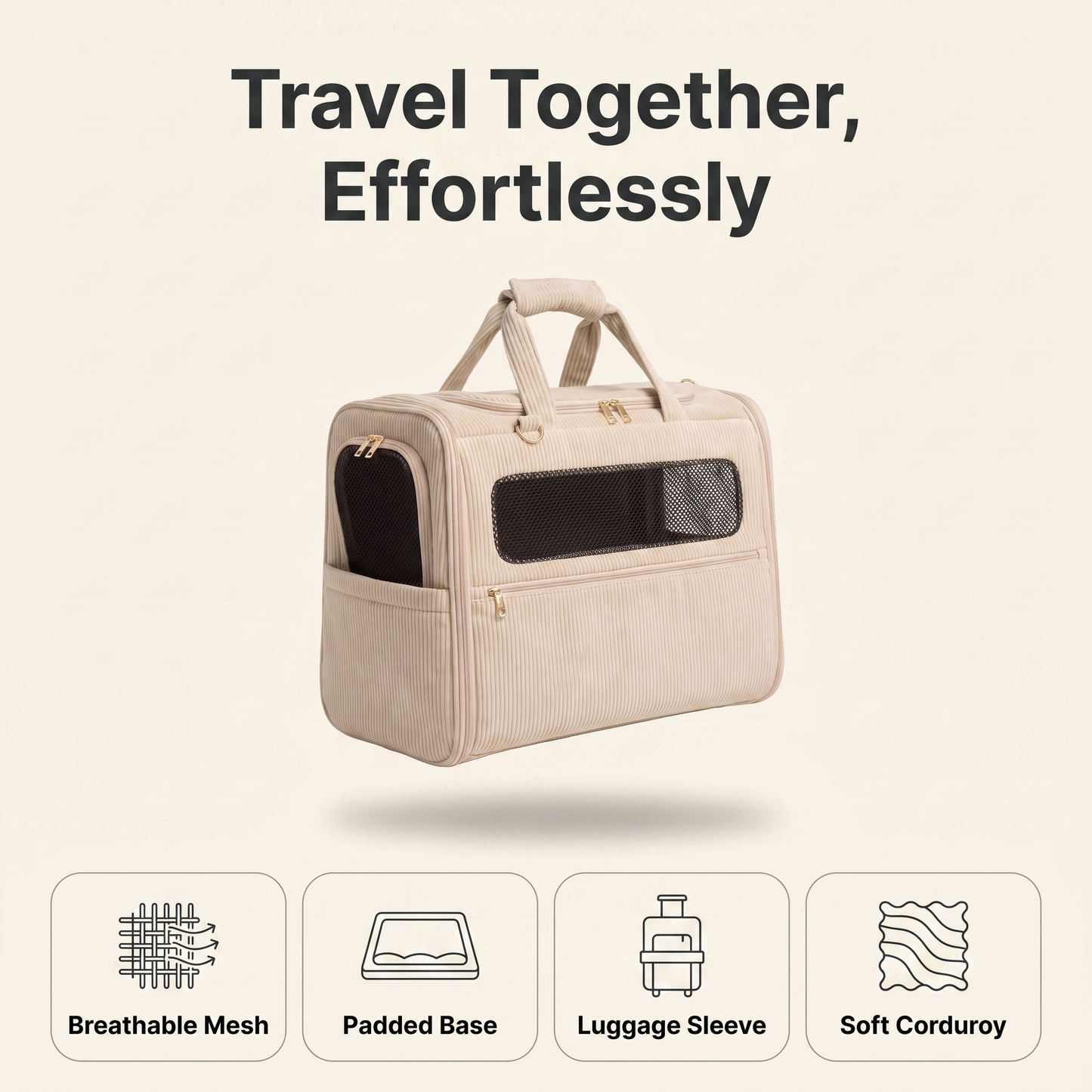 Dog carrier feature overview: breathable mesh, padded base, luggage sleeve, soft corduroy
