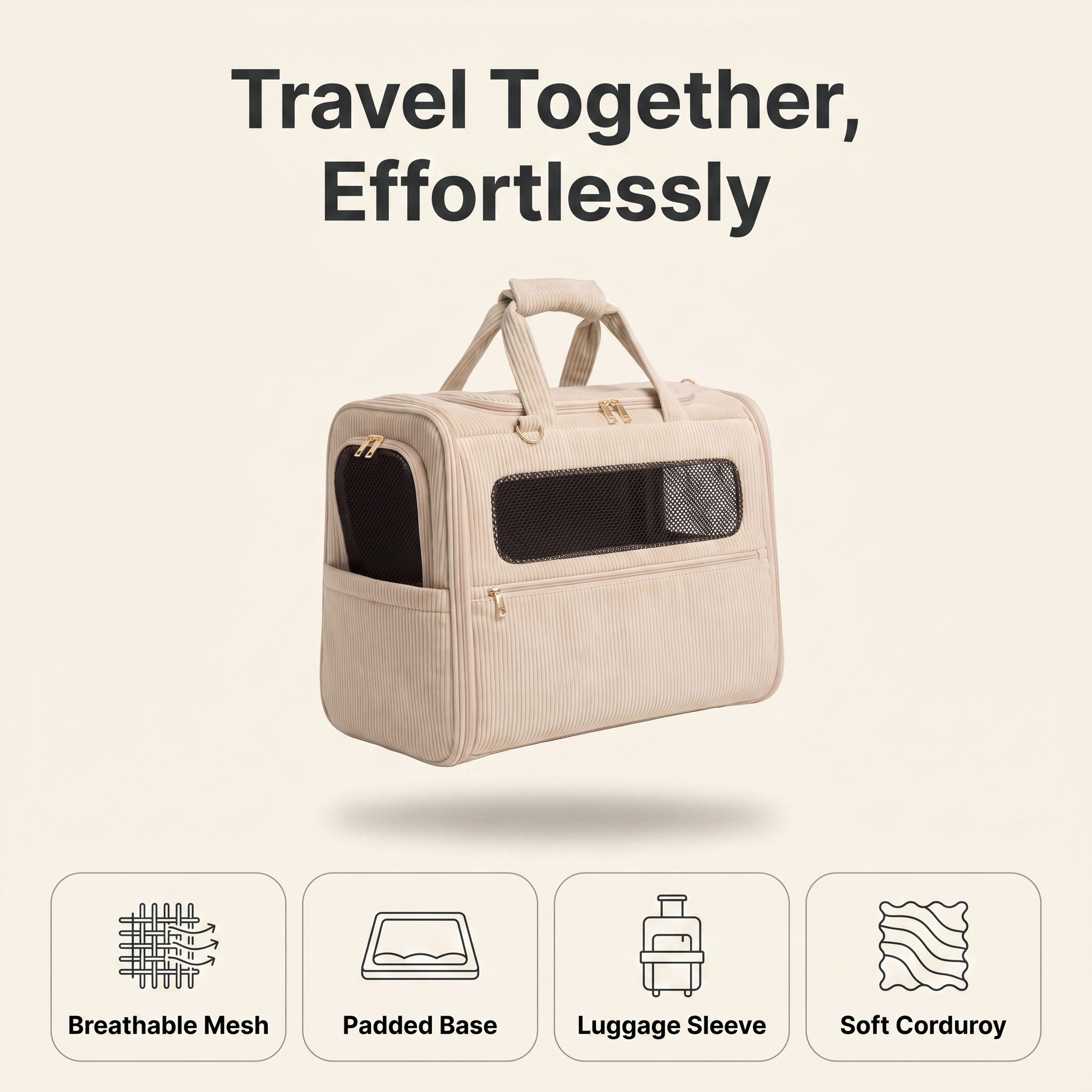 Dog carrier feature overview: breathable mesh, padded base, luggage sleeve, soft corduroy