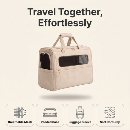Dog carrier feature overview: breathable mesh, padded base, luggage sleeve, soft corduroy