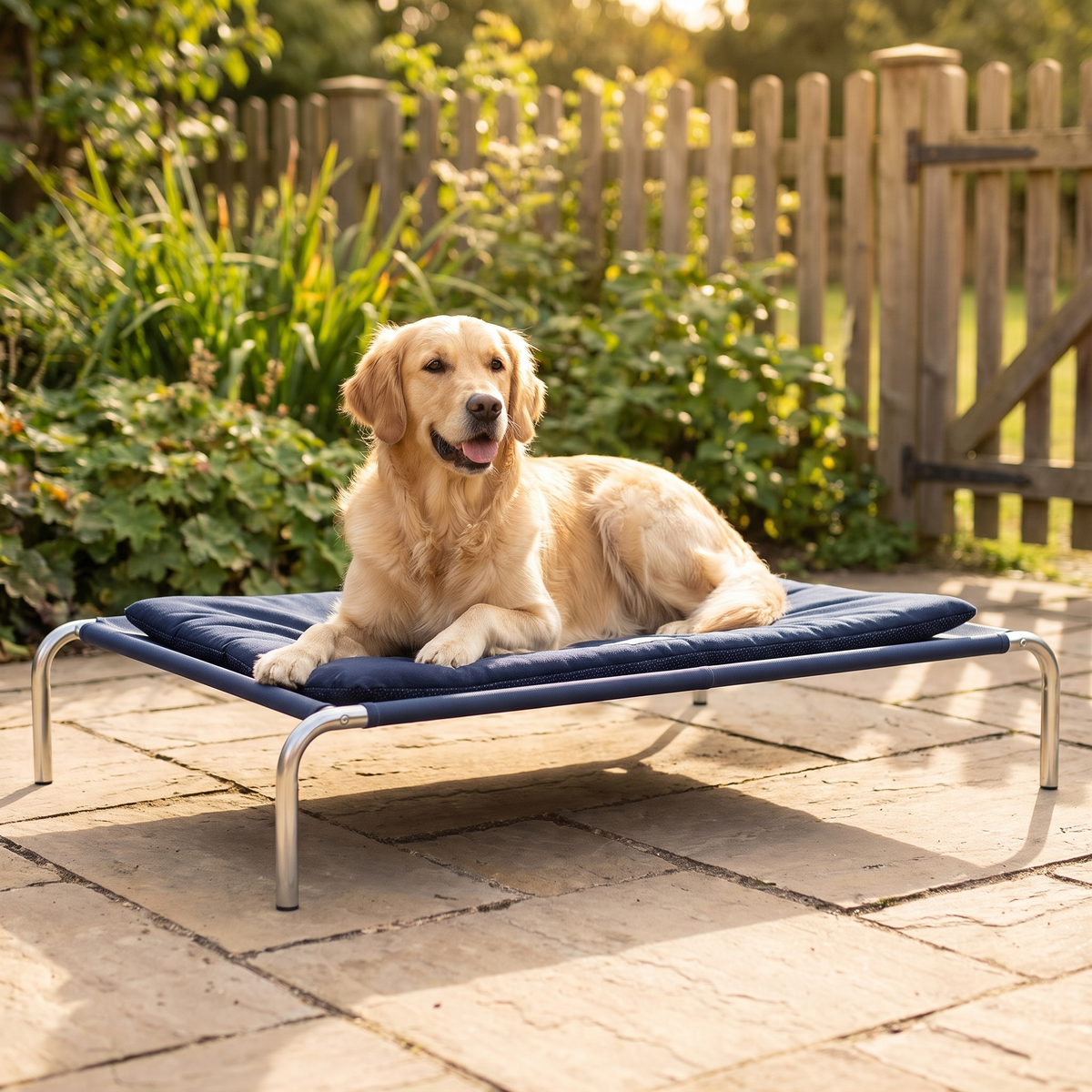 Golden retriever resting on an elevated dog bed on a sunny garden patio