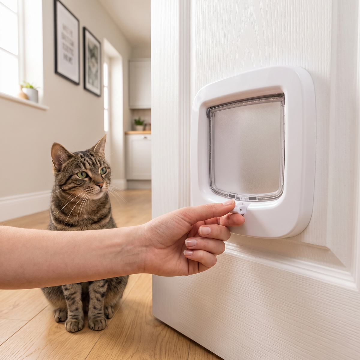 Owner setting the 4 way locking dial on the cat flap while their cat watches