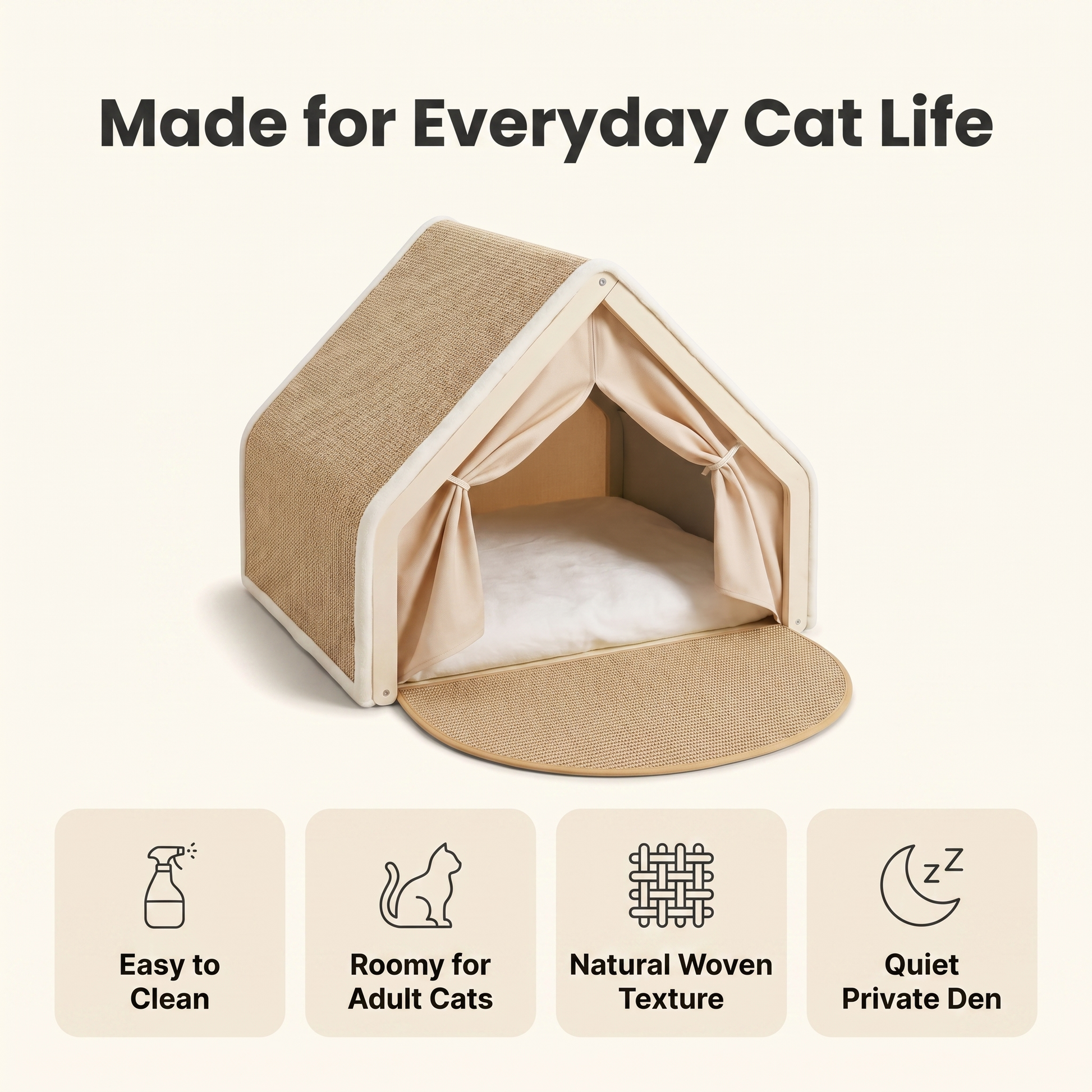 Cat tent bed care overview: easy to clean, roomy for adult cats, natural woven texture, quiet private den