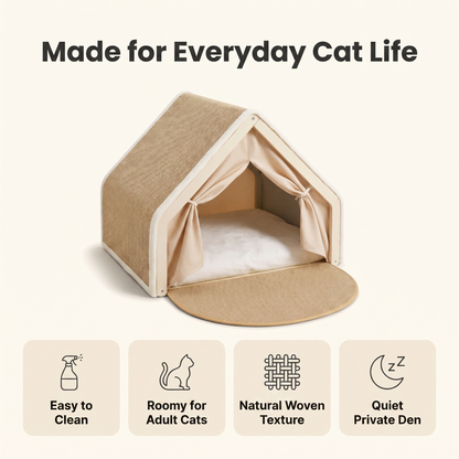 Cat tent bed care overview: easy to clean, roomy for adult cats, natural woven texture, quiet private den