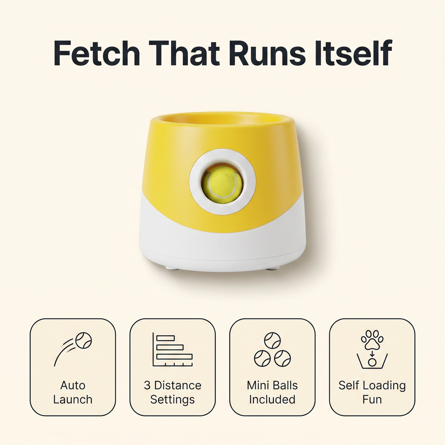 Dog ball launcher feature overview: auto launch, 3 distance settings, mini balls included, self loading fun