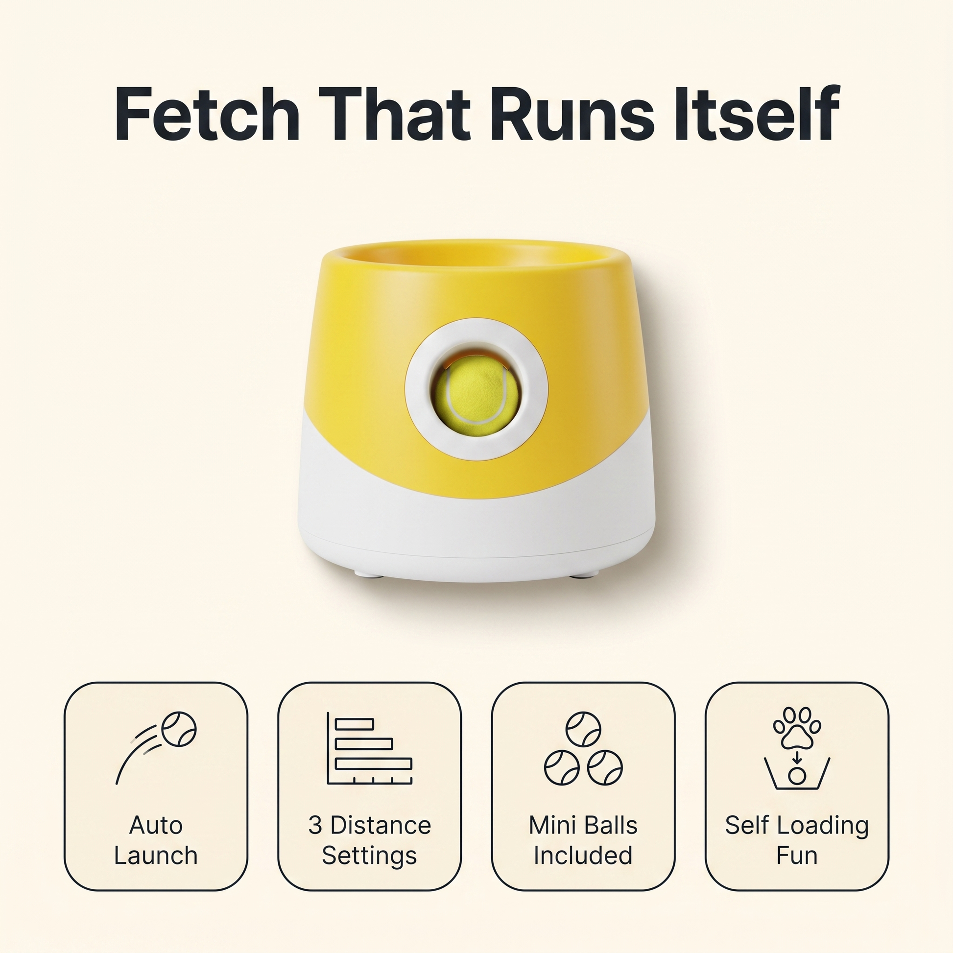 Dog ball launcher feature overview: auto launch, 3 distance settings, mini balls included, self loading fun