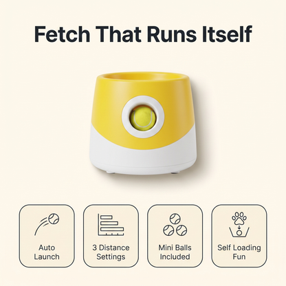 Dog ball launcher feature overview: auto launch, 3 distance settings, mini balls included, self loading fun