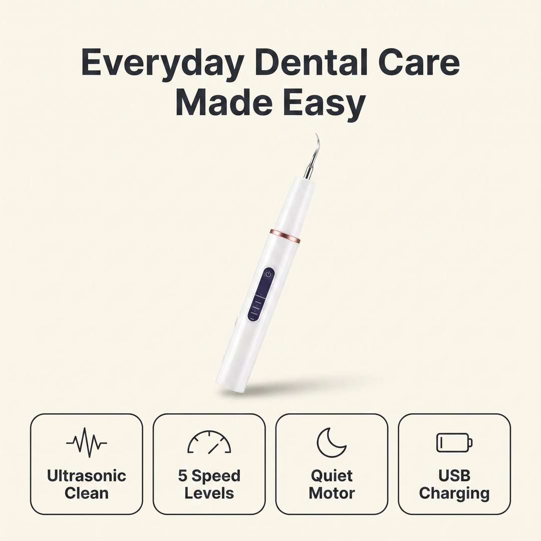 Dog teeth cleaning kit features: ultrasonic clean, 5 speed levels, quiet motor, USB charging