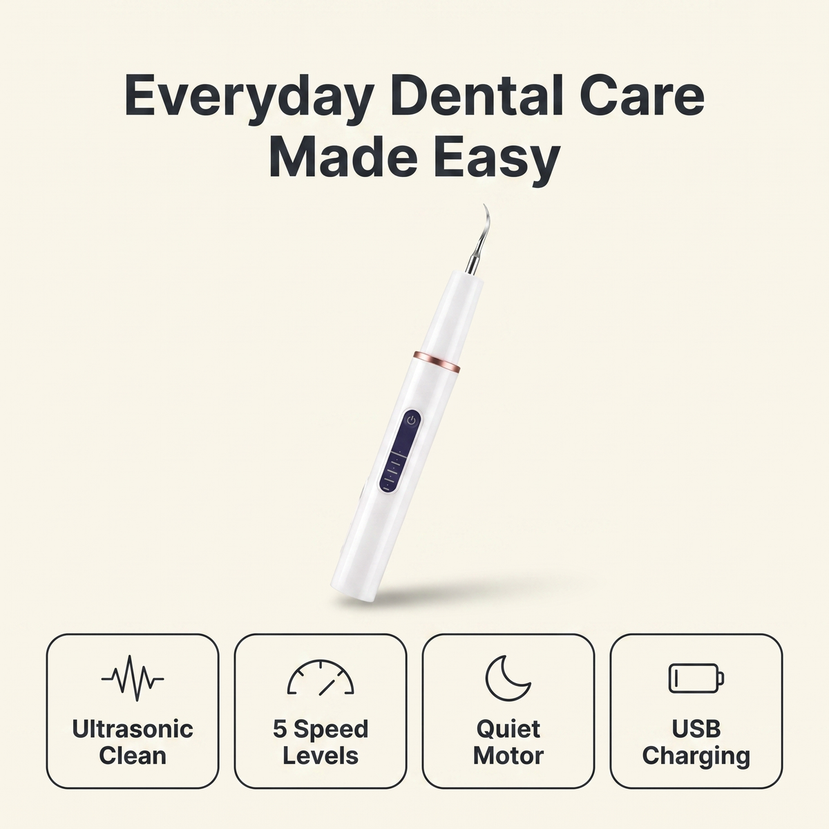 Dog teeth cleaning kit features: ultrasonic clean, 5 speed levels, quiet motor, USB charging
