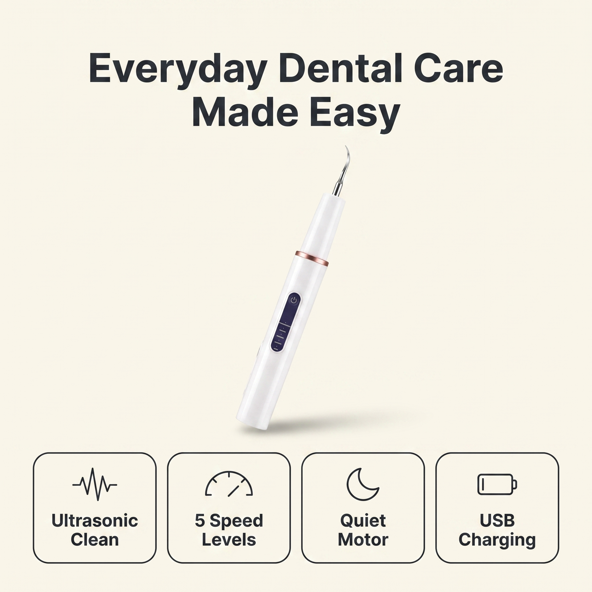 Dog teeth cleaning kit features: ultrasonic clean, 5 speed levels, quiet motor, USB charging