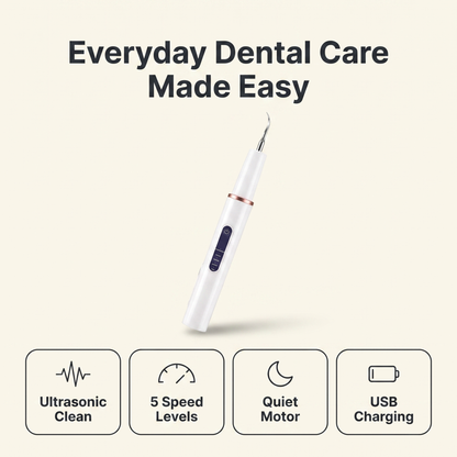 Dog teeth cleaning kit features: ultrasonic clean, 5 speed levels, quiet motor, USB charging