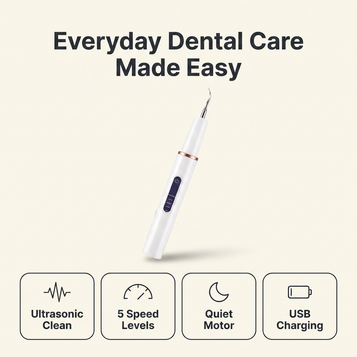 Dog teeth cleaning kit features: ultrasonic clean, 5 speed levels, quiet motor, USB charging