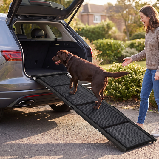Dog walking up the folding car ramp into an SUV boot while owner encourages