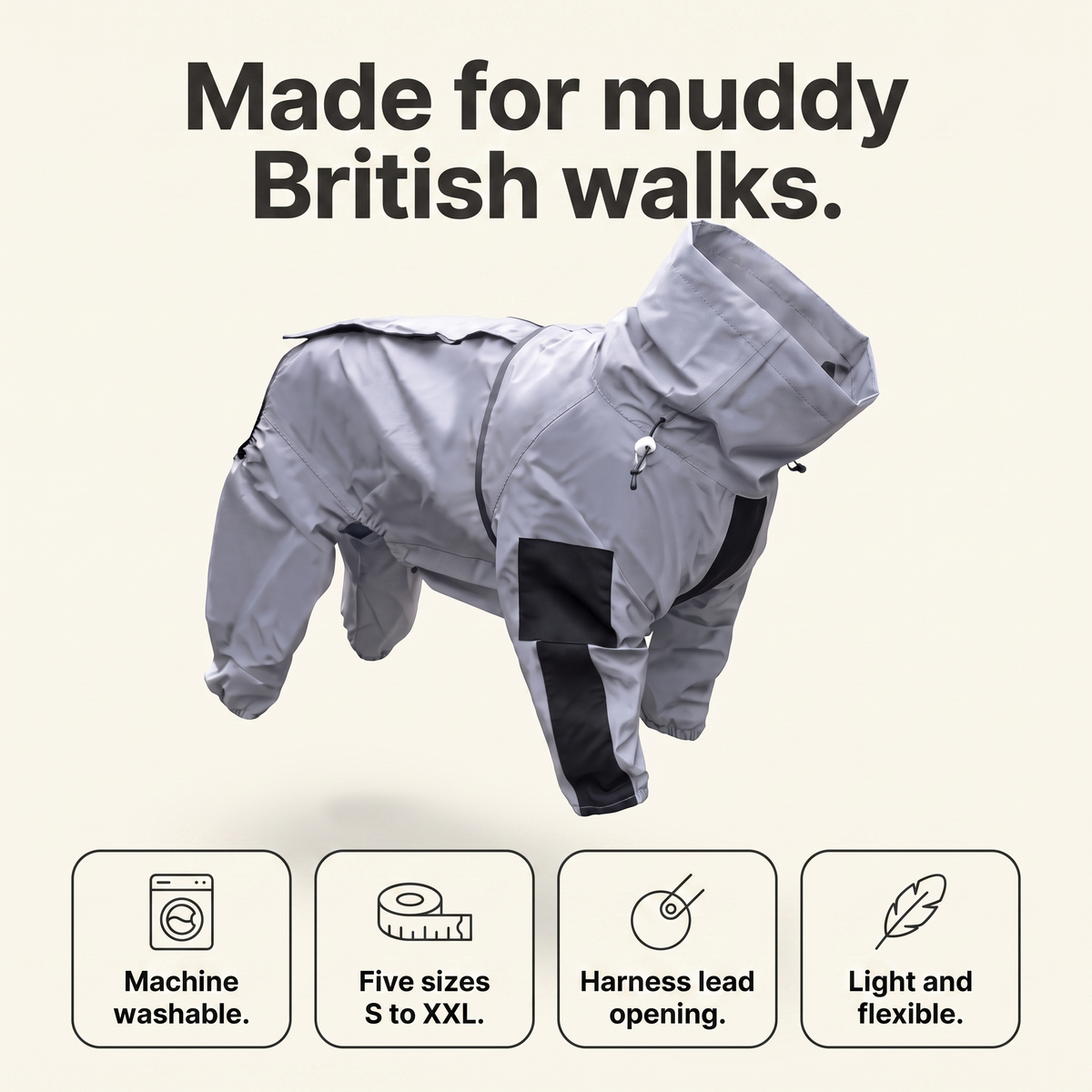 Dog rain suit care and fit overview: machine washable, five sizes, harness lead opening, light and flexible