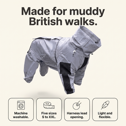 Dog rain suit care and fit overview: machine washable, five sizes, harness lead opening, light and flexible