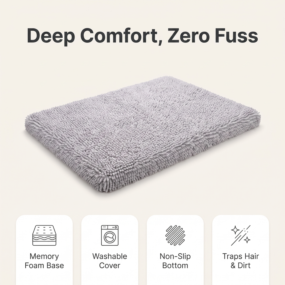 Memory foam dog mat feature overview: memory foam base, washable cover, non-slip bottom, traps hair and dirt