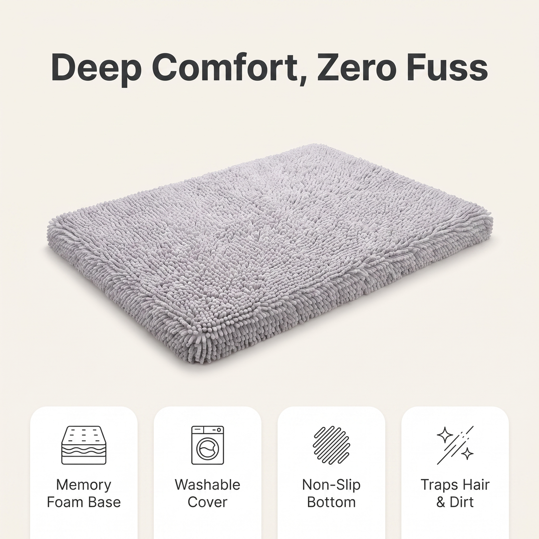 Memory foam dog mat feature overview: memory foam base, washable cover, non-slip bottom, traps hair and dirt