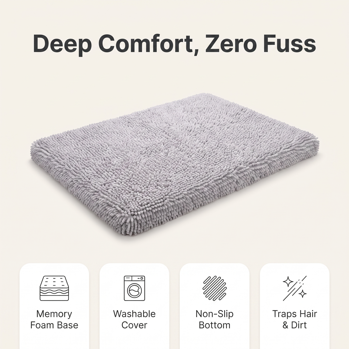Memory foam dog mat feature overview: memory foam base, washable cover, non-slip bottom, traps hair and dirt