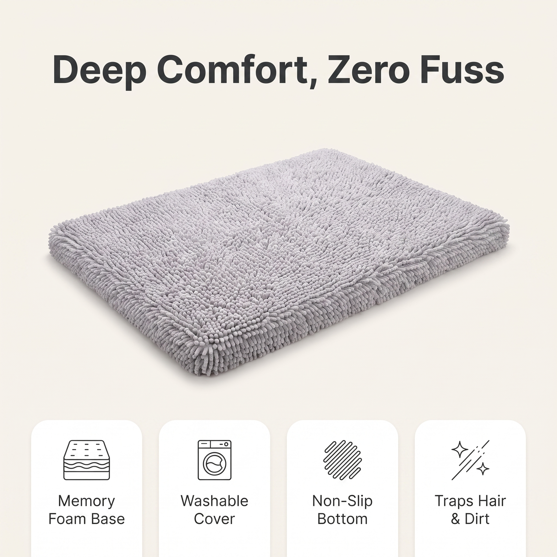Memory foam dog mat feature overview: memory foam base, washable cover, non-slip bottom, traps hair and dirt