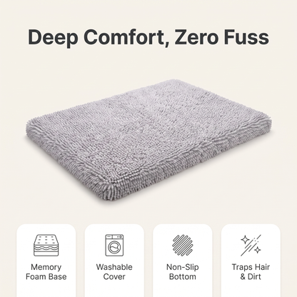 Memory foam dog mat feature overview: memory foam base, washable cover, non-slip bottom, traps hair and dirt