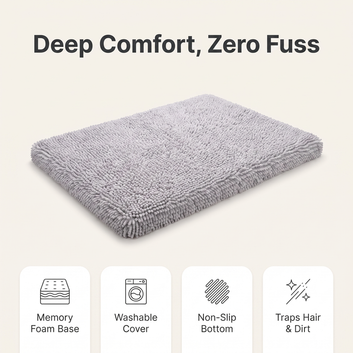 Memory foam dog mat feature overview: memory foam base, washable cover, non-slip bottom, traps hair and dirt