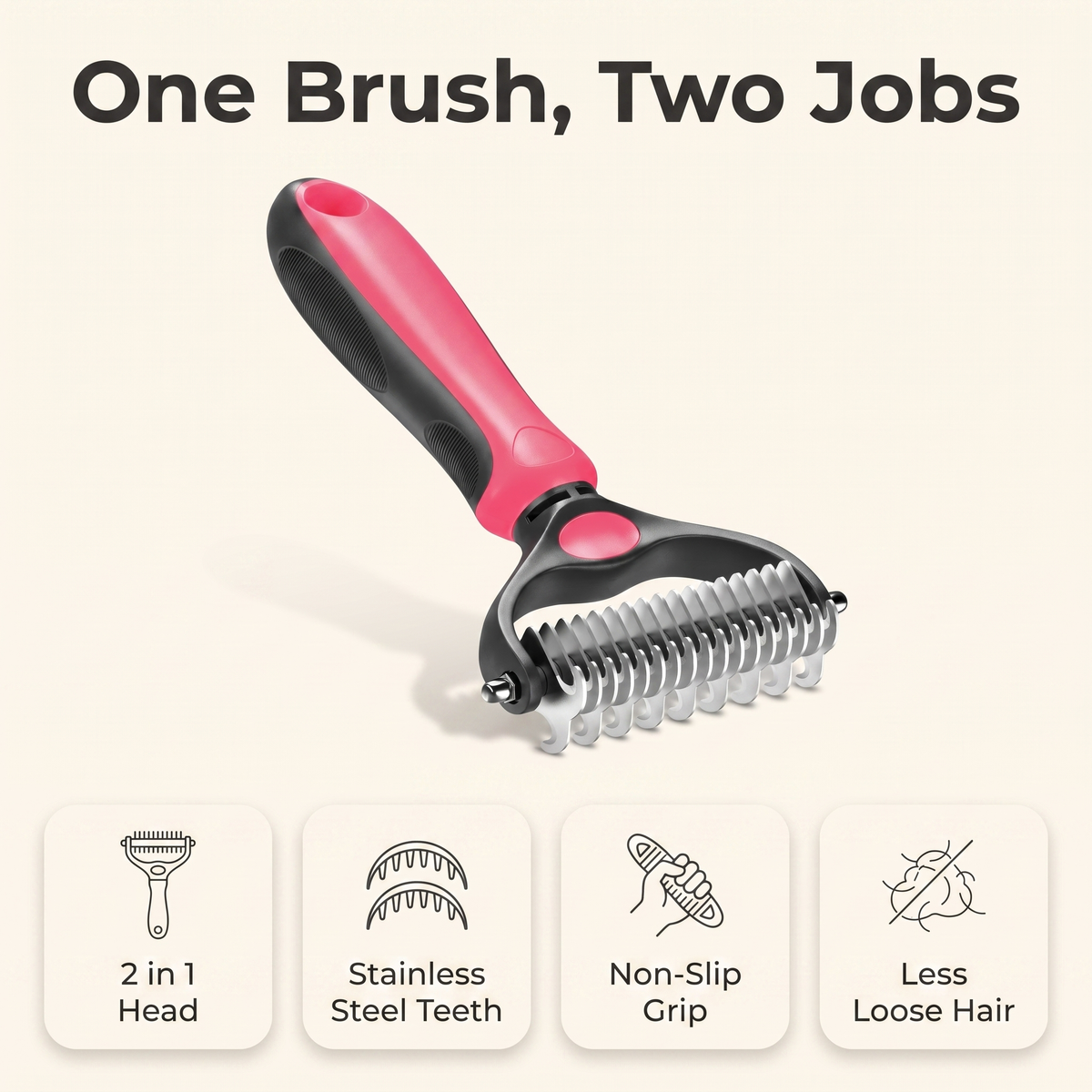 Deshedding brush feature overview: 2 in 1 head, stainless steel teeth, non-slip grip, less loose hair