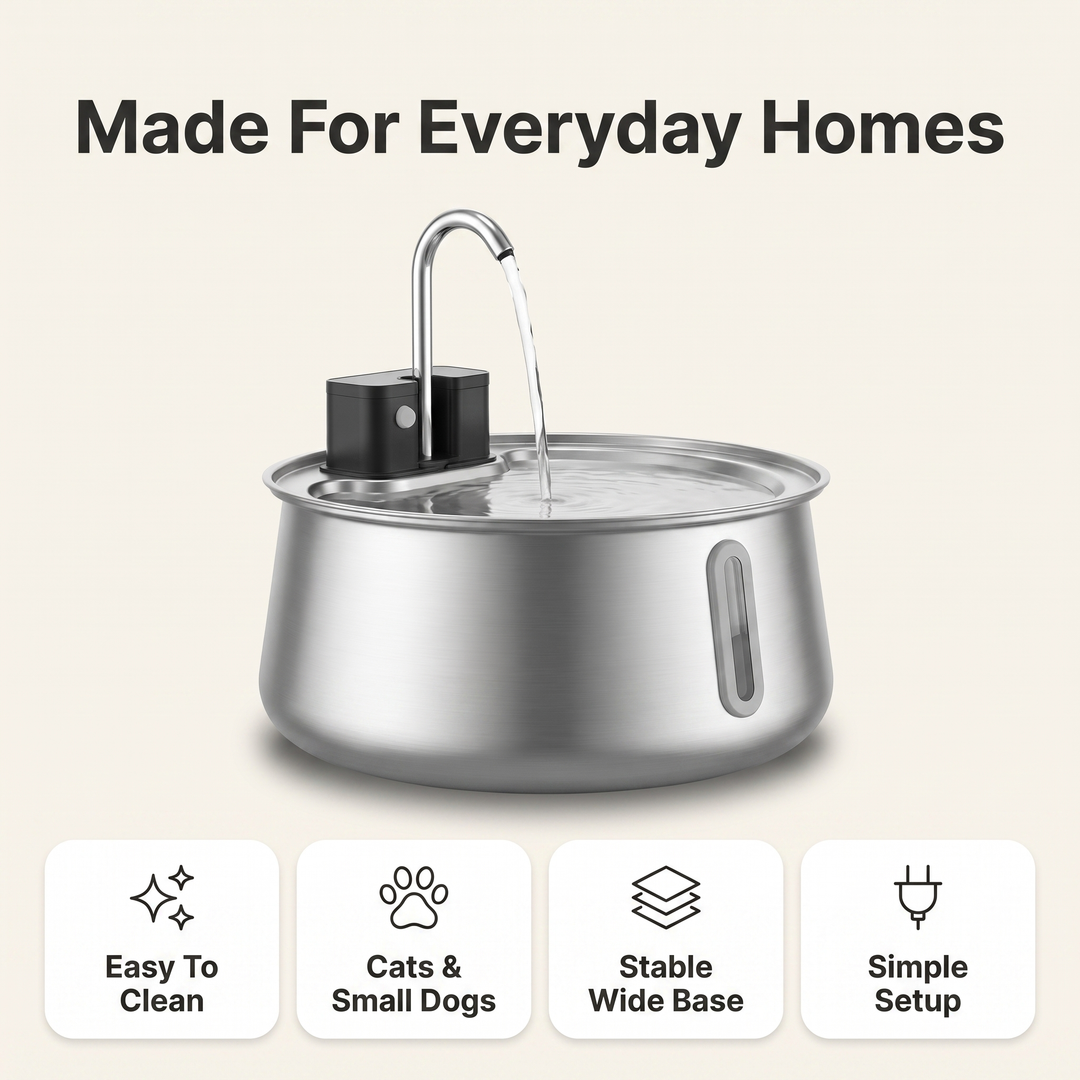 Cat water fountain infographic with easy clean, cats and small dogs, stable base and simple setup