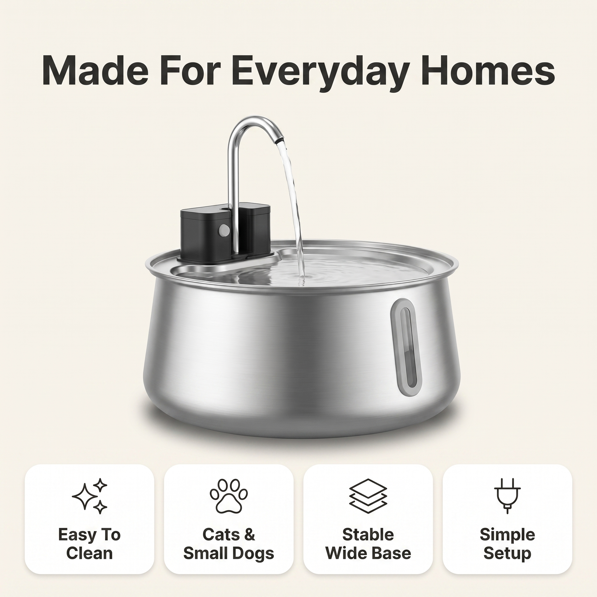 Cat water fountain infographic with easy clean, cats and small dogs, stable base and simple setup