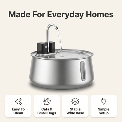 Cat water fountain infographic with easy clean, cats and small dogs, stable base and simple setup