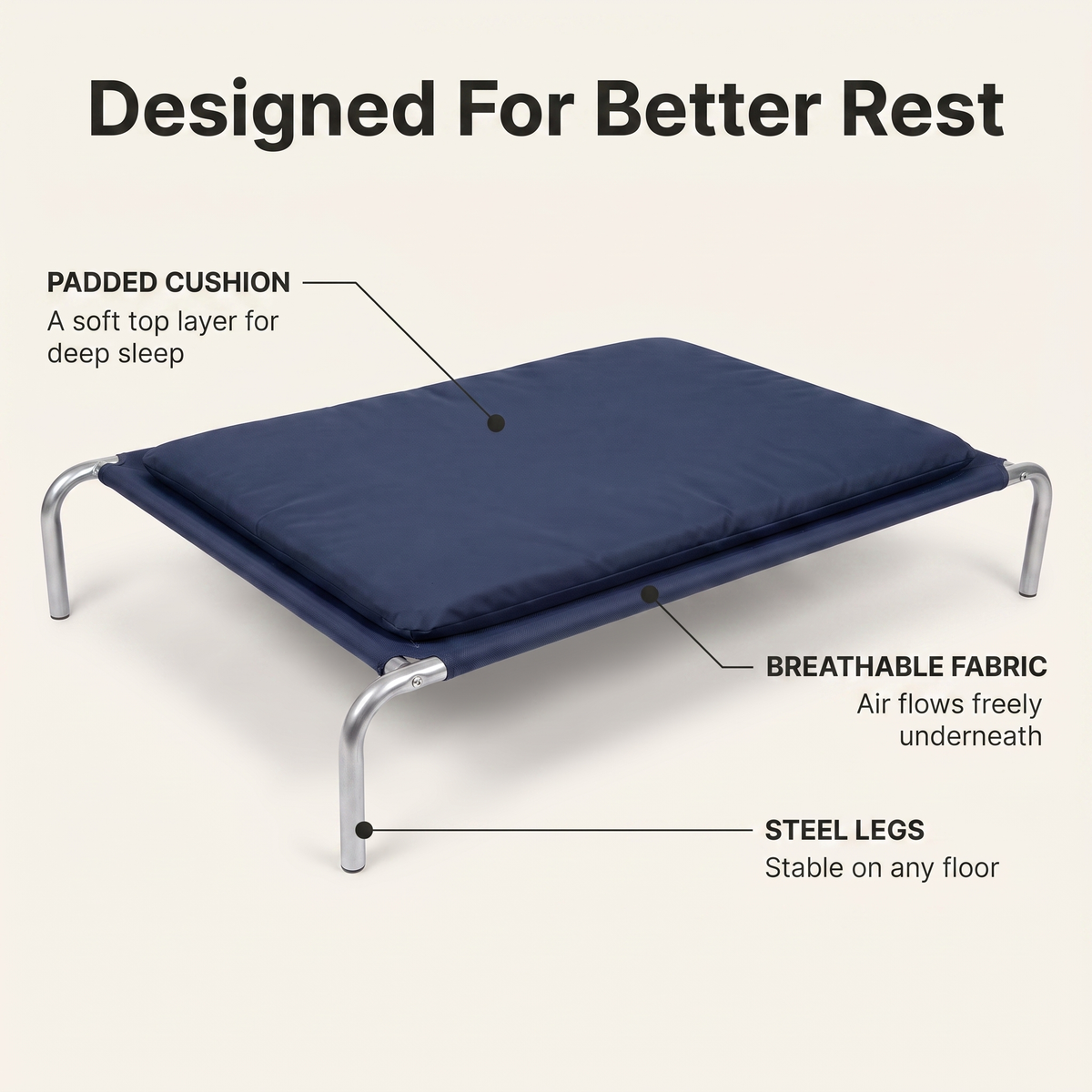 Annotated raised dog bed showing padded cushion, breathable fabric and steel legs