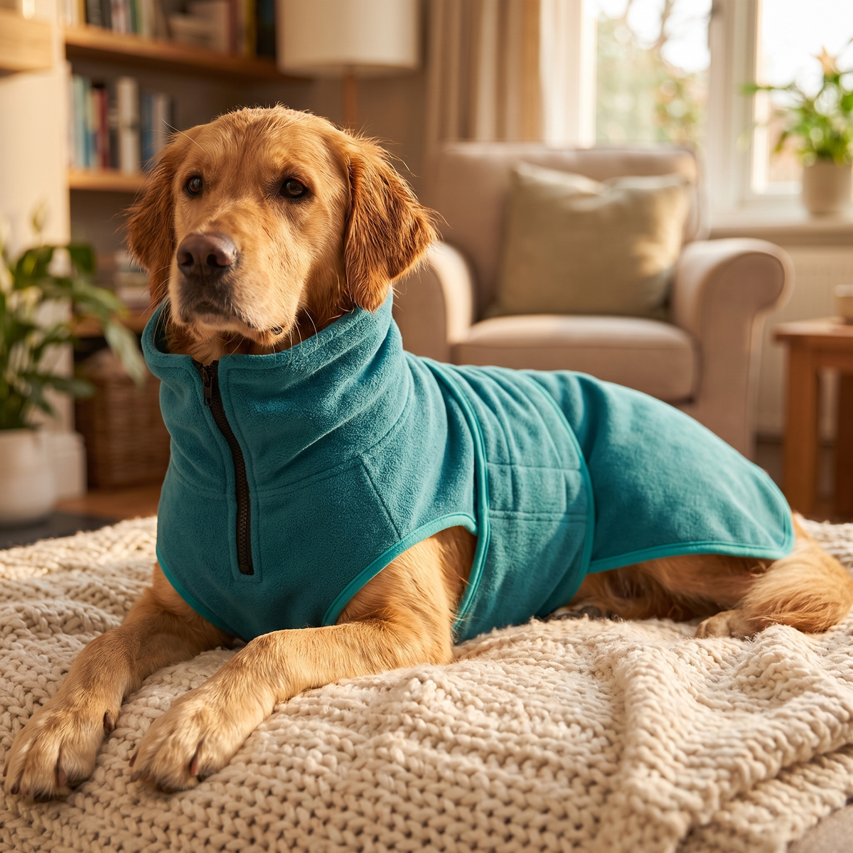 Golden retriever relaxing at home in a teal dog drying robe after a wet walk