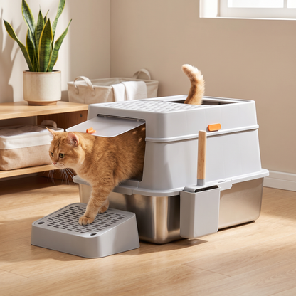 Ginger cat walking into the enclosed stainless steel litter box through the front flap door at home