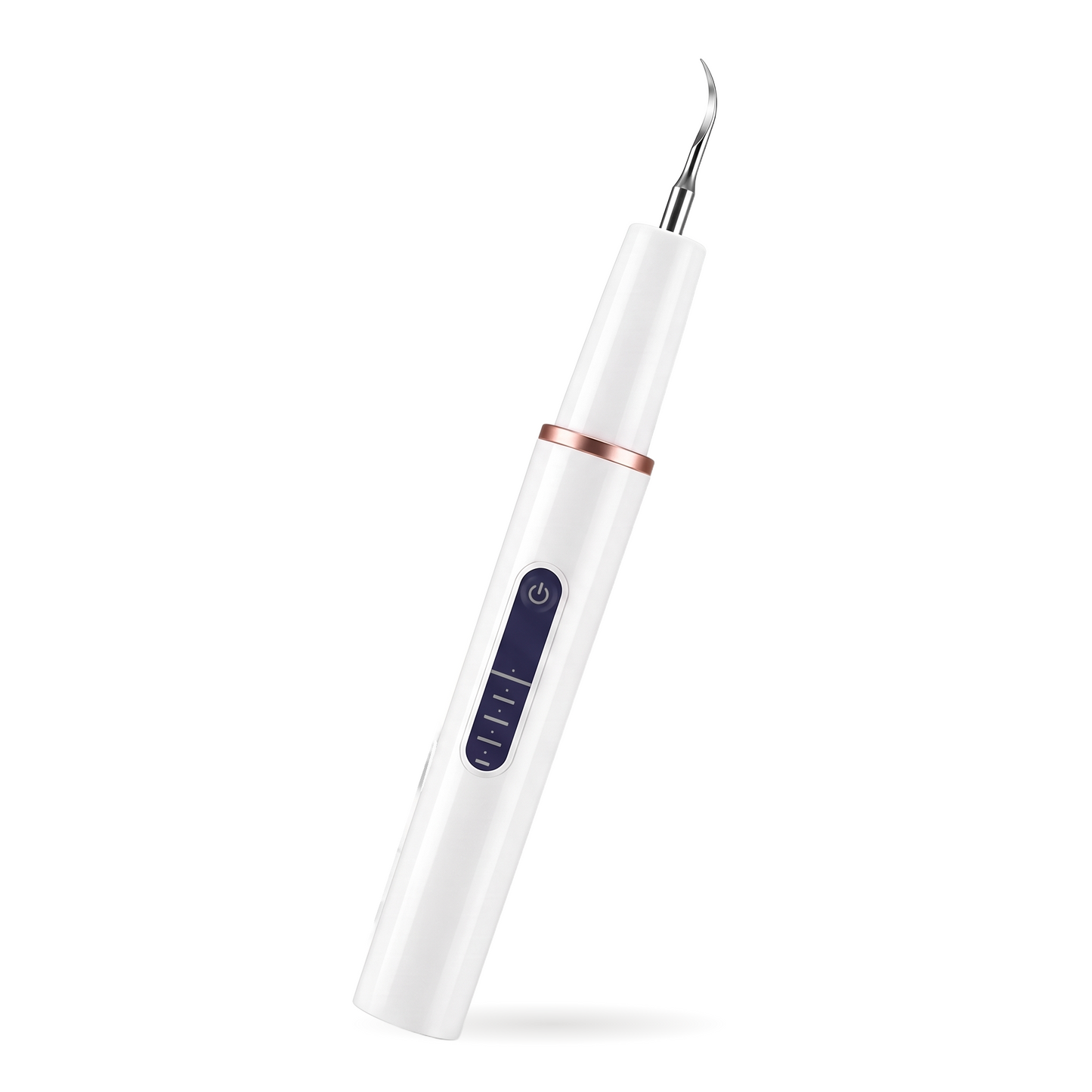 White ultrasonic dog teeth cleaning pen with rose gold ring and LED display on white background