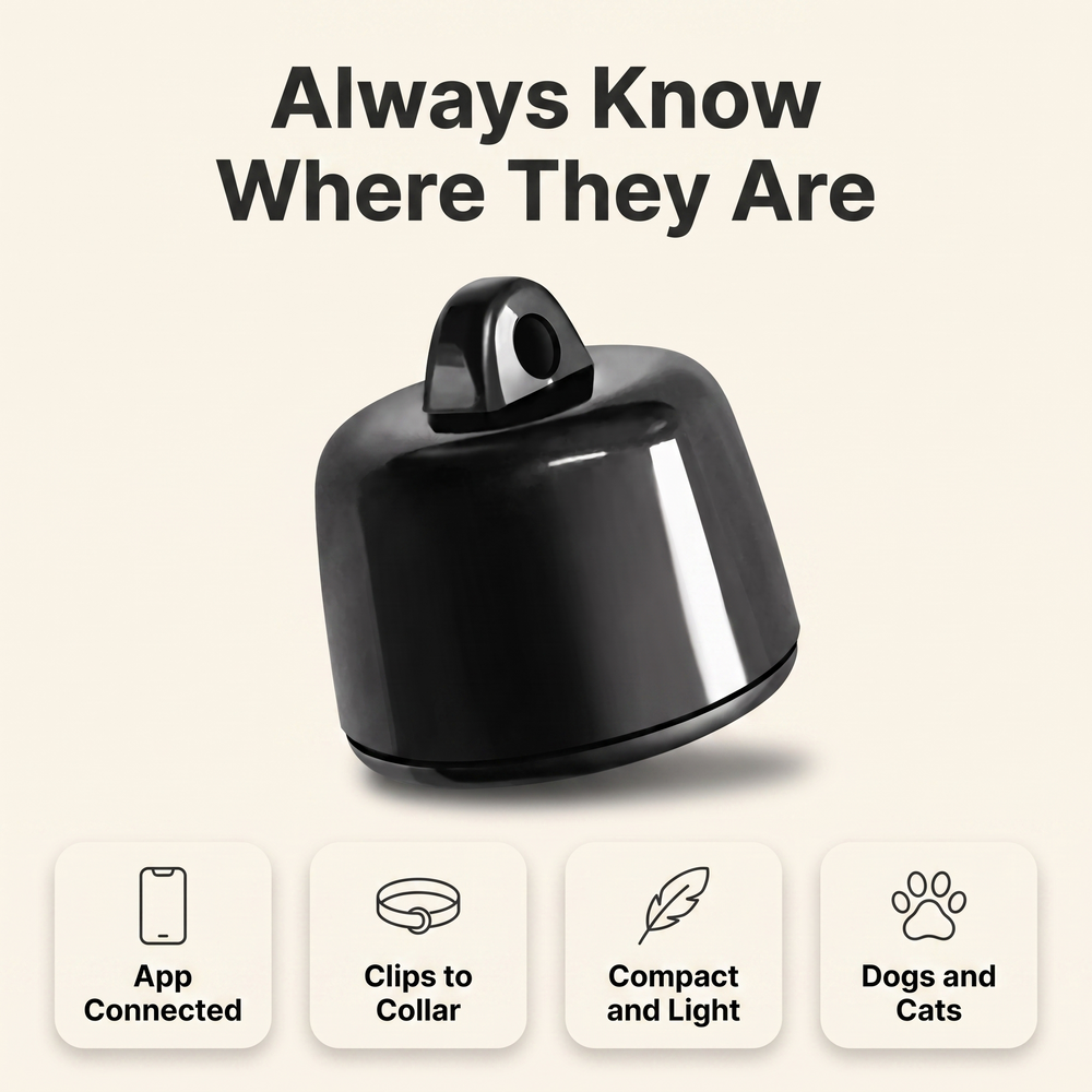 Pet tracker feature overview: app connected, clips to collar, compact and light, for dogs and cats